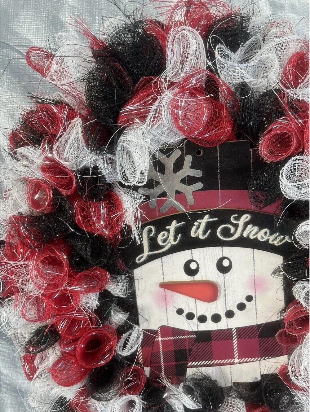 SNOWMAN ⛄ Let It Snow Christmas Winter Wreath Deco Mesh Burgundy Black White 17”